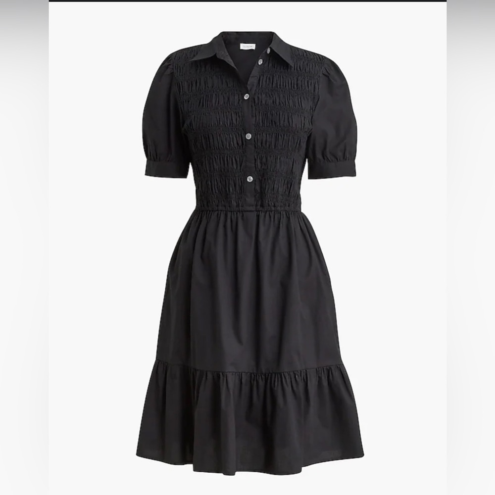 Black Smocked Midi Dress with Puff Sleeves